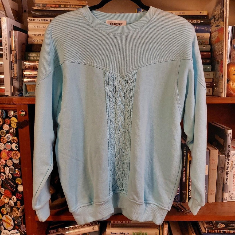 Vintage 80s B.G. Basics Baby Blue Knit Detail Oversized Sweatshirt Small